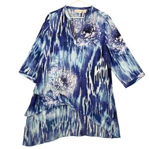 Chico's Tunic Women Size 3 Blue Abstract Floral Sequin Asymmetrical Hem